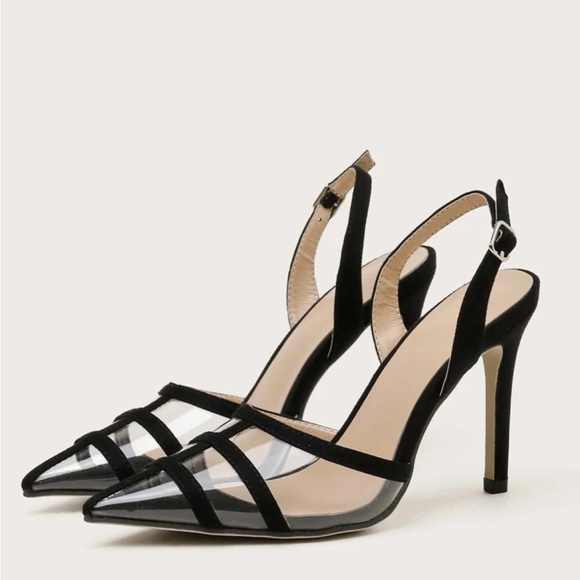 Black Clear Point Toe Slingback stiletto Pumps - Picture 4 of 6